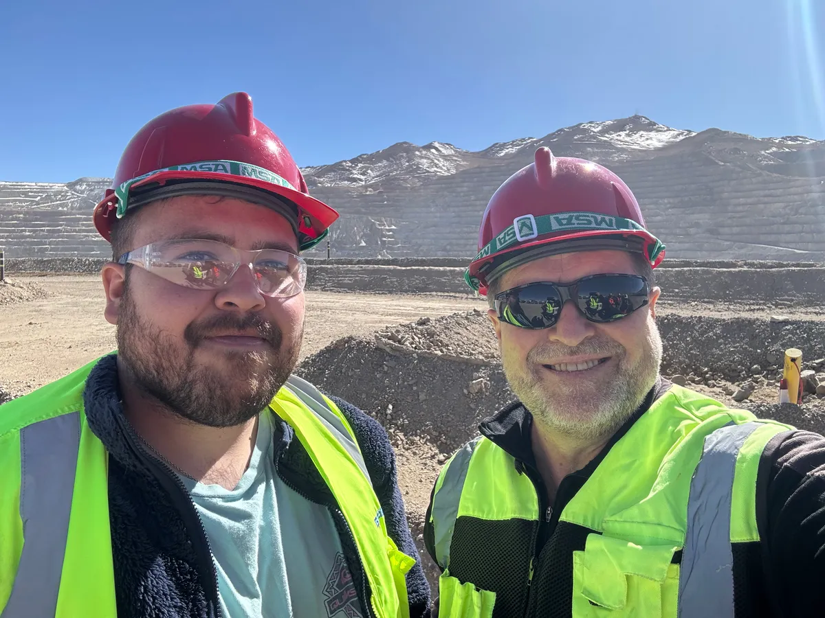 Urs Schaerer and his son Leo Schaerer in safety equipment during route survey and logistics planning at El Abra Mine